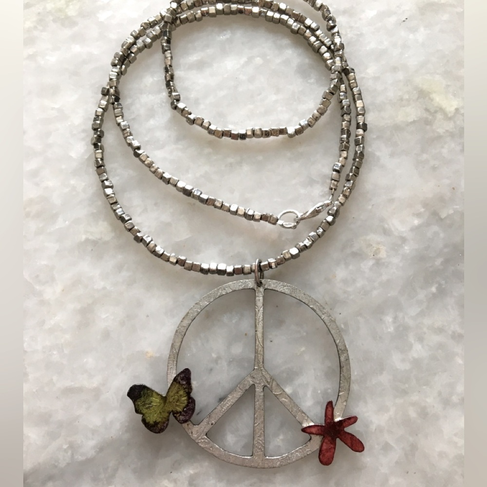 Silver Peace Sign Pendant Necklace with Red Flower& Green Butterfly Accents